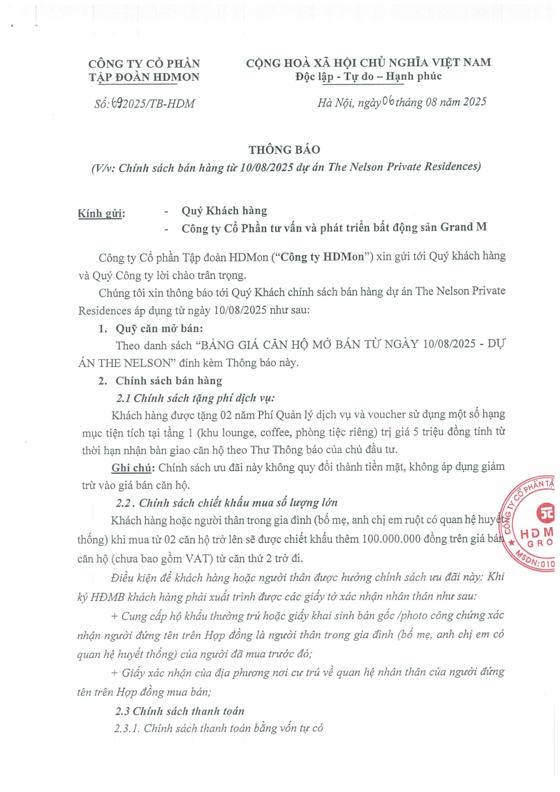 quỹ căn và chính sách bán hàng The Nelson 29 Láng Hạ