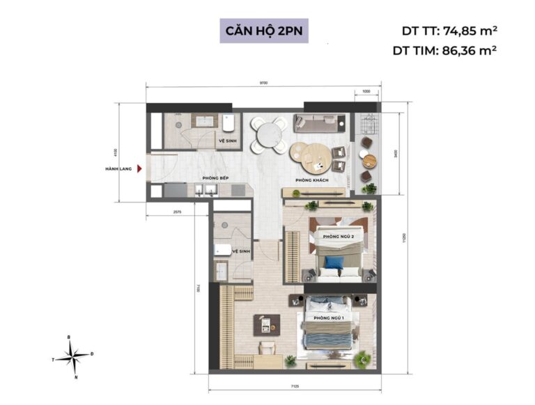 Thiết kế căn hộ 2 ngủ tại NobleX West Lake