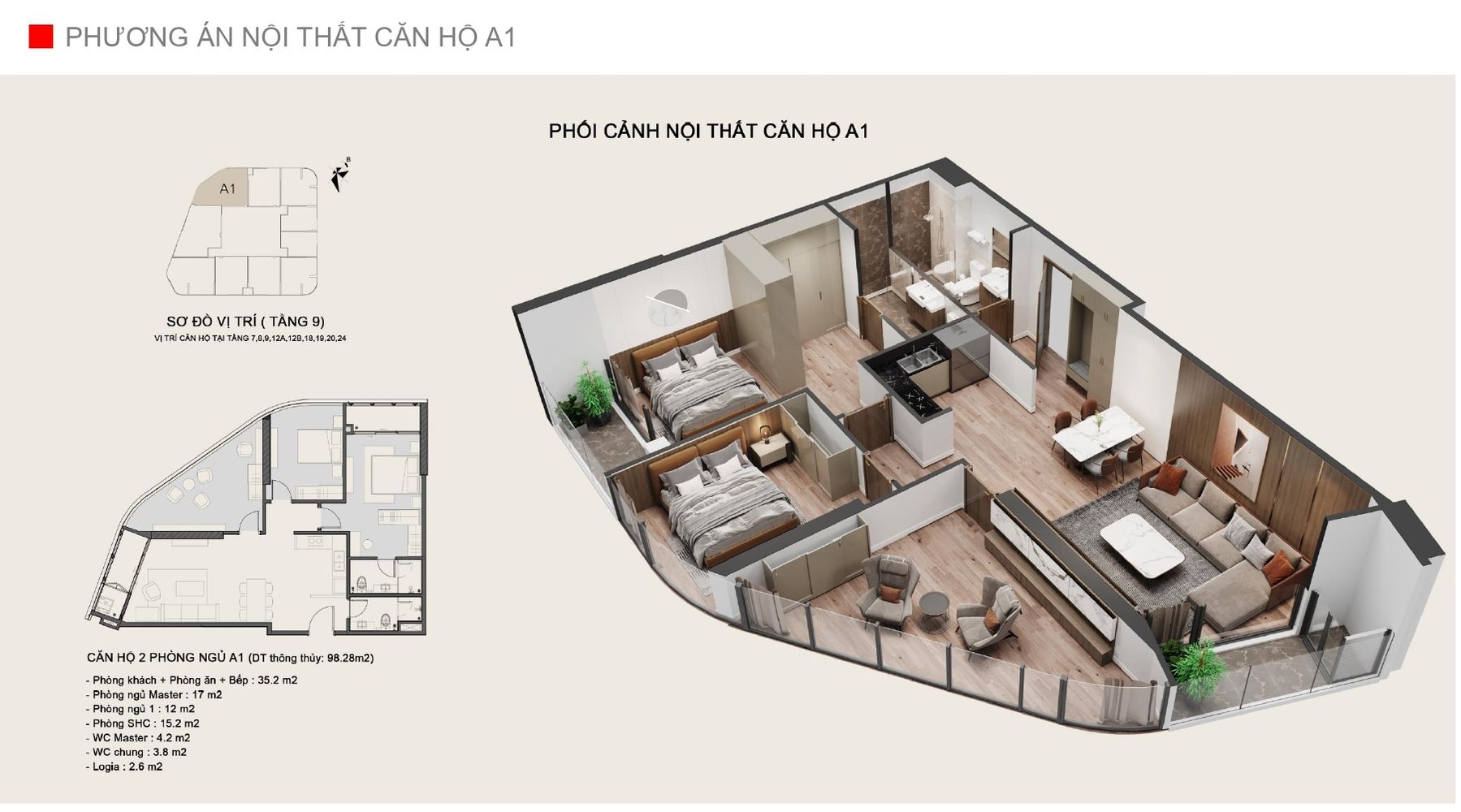 Thiết kế căn hộ 2 ngủ dự án The Central Hà Nội