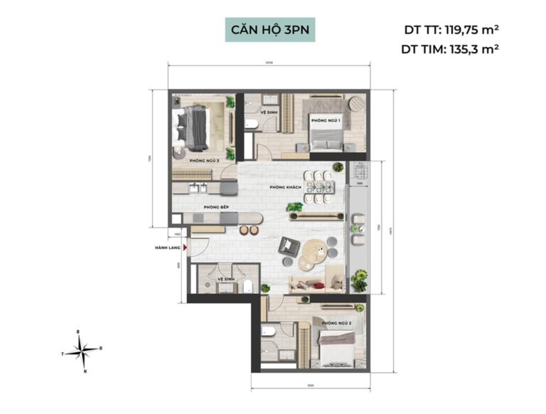 Thiết kế căn hộ 3 ngủ tại NobleX West Lake